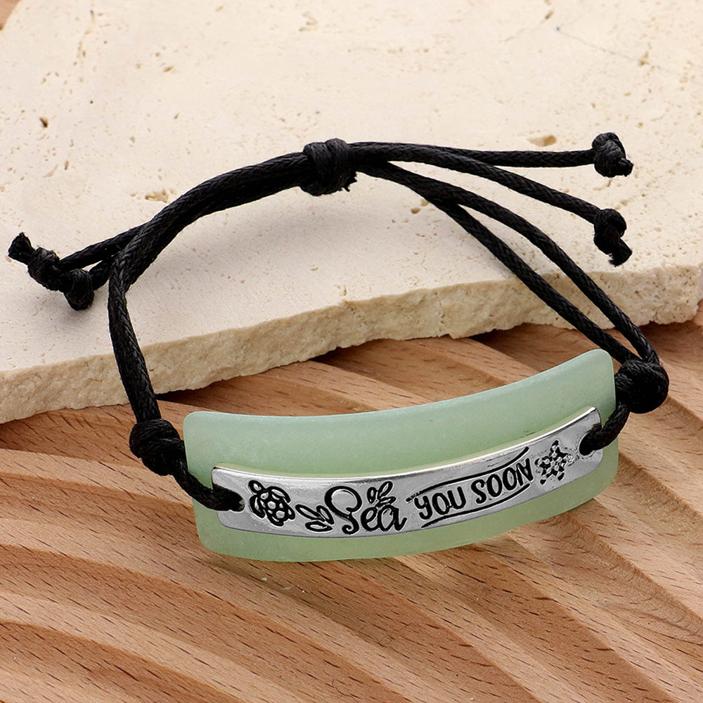 Madeline Love Black Sea you SOON Sea Glass Message Adjustable Pull Tie Cinch Bracelet - Bracelets