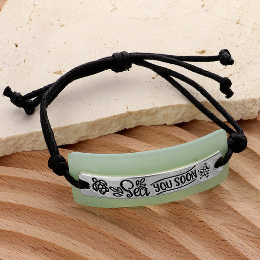 Madeline Love Black Sea you SOON Sea Glass Message Adjustable Pull Tie Cinch Bracelet - Bracelets