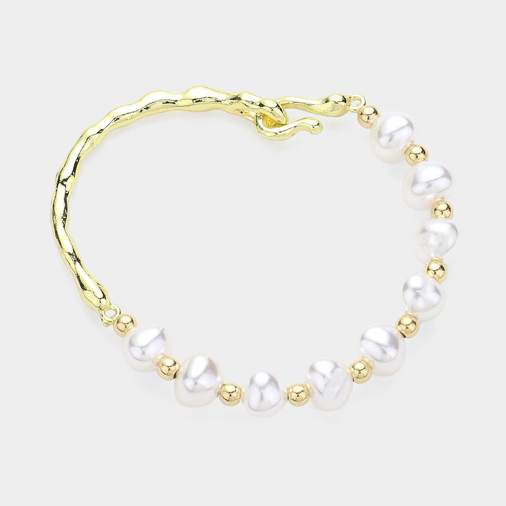 Madeline Love Cream, Gold Pearl Station Pointed Hammered Metal Bracelet - Bracelets