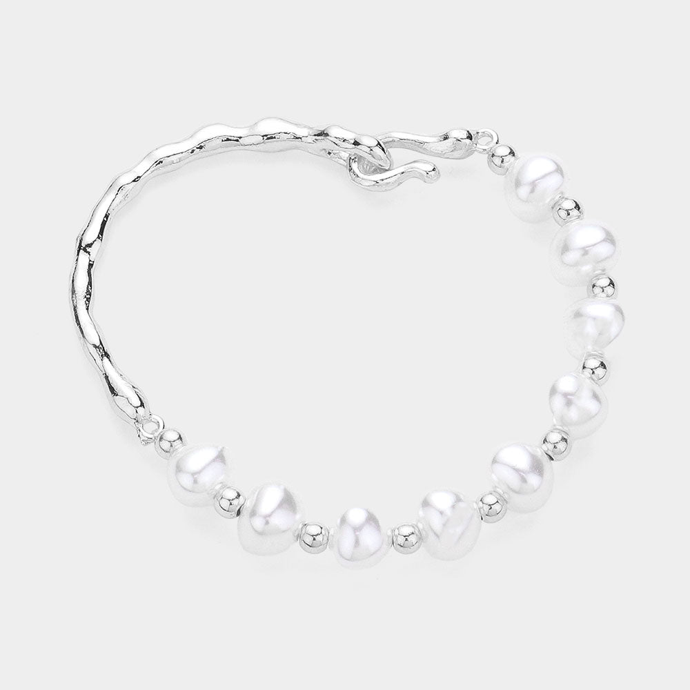 Madeline Love Cream, Rhodium Pearl Station Pointed Hammered Metal Bracelet - Bracelets
