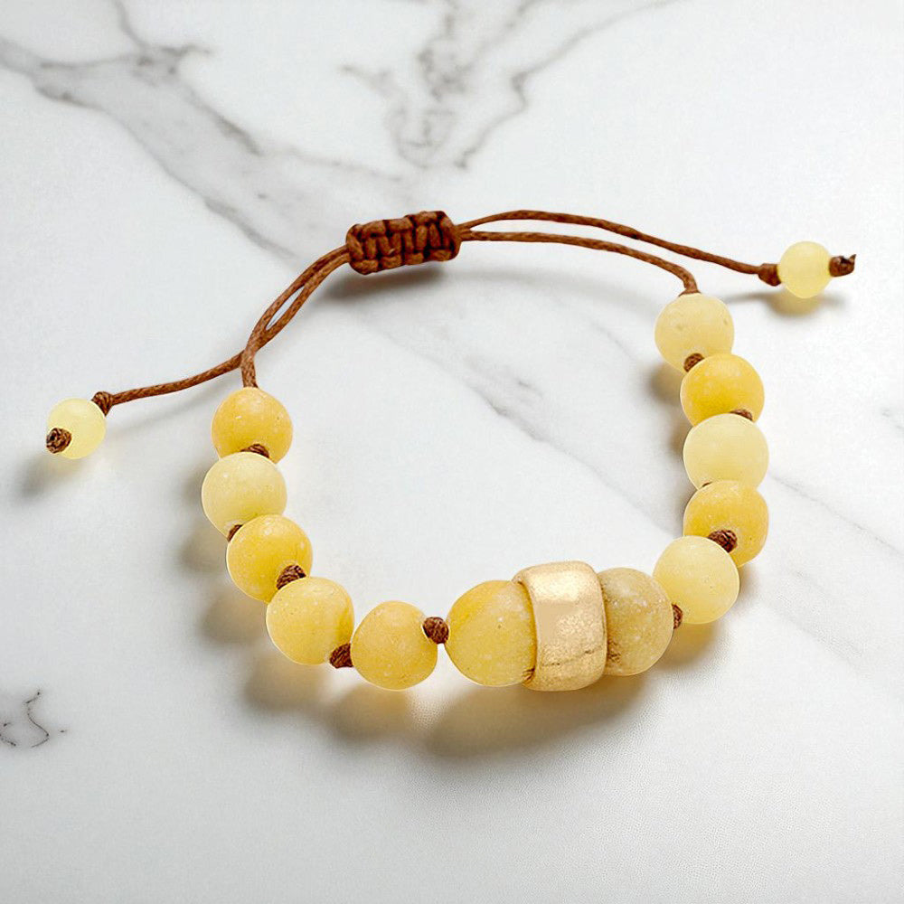 Madeline Love Worn Gold, Beige Beaded Adjustable Cinch Pull Tie Bracelet - Bracelets