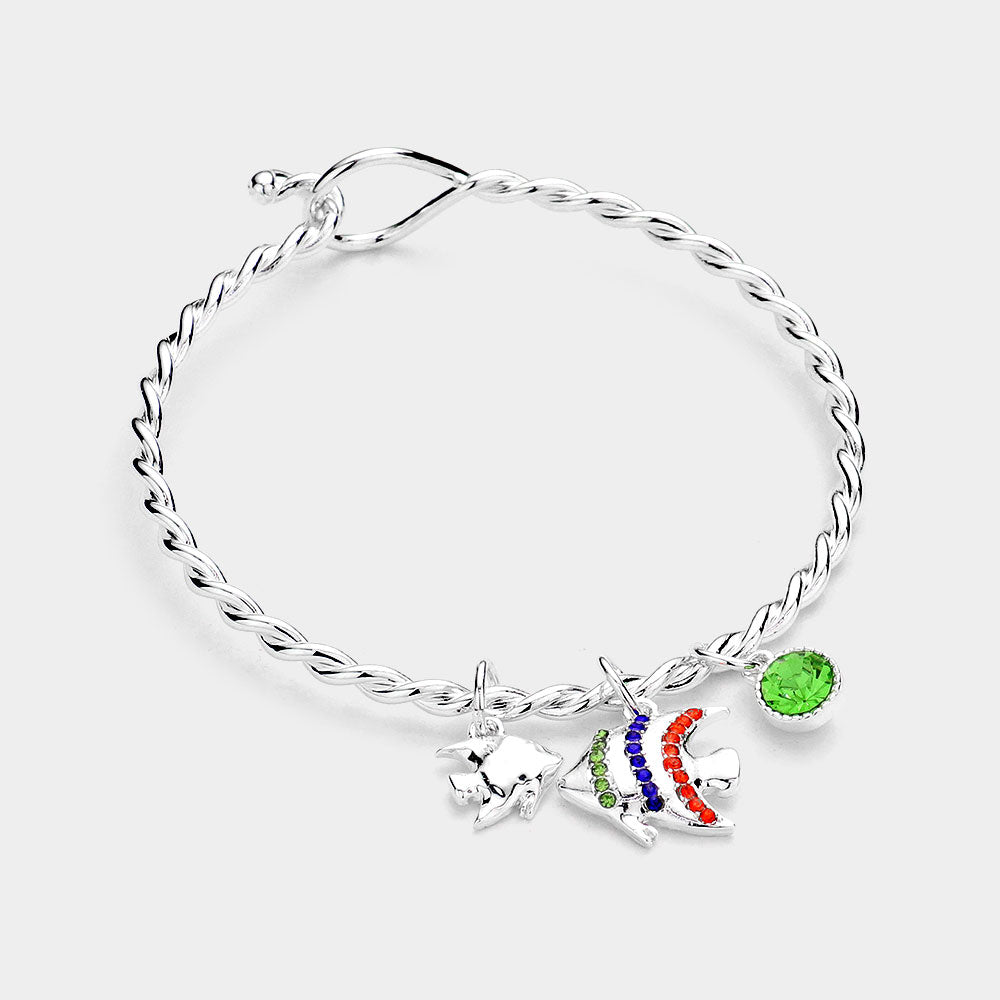 Multi, Silver Rhinestone Embellished Fish Charm Hook Bracelet