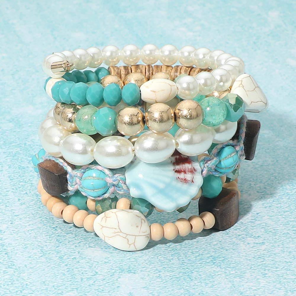 Madeline Love Blue Pearl Wooden COastal Charm Beaded Adjustable Coil Statement Bracelet - Bracelets