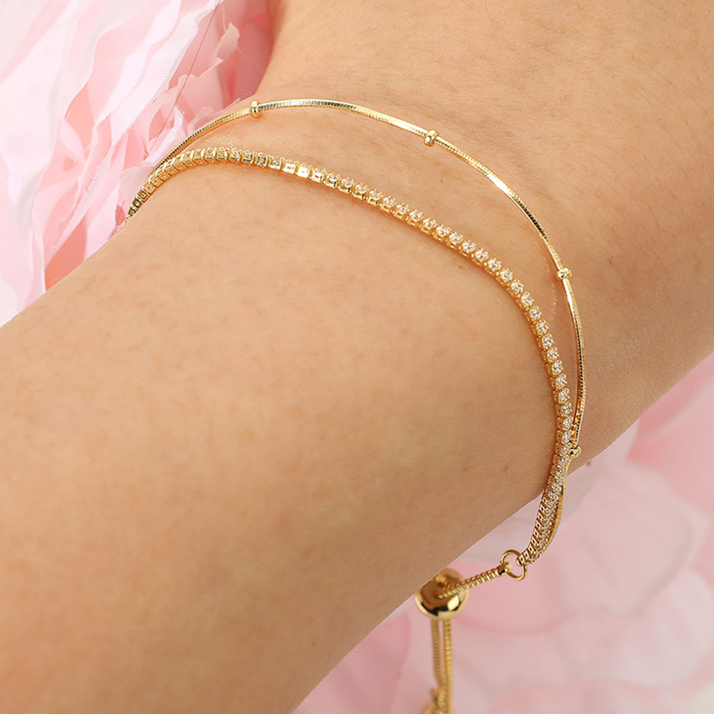 Madeline Love Clear, Gold 18K Gold Dipped Rhinestone Ball Chain Layered Adjustable Cinch Pull Tie Bracelet - Bracelets