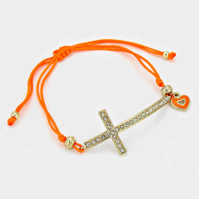 Madeline Love Gold, Orange, Clear Crystal Pave Cross Heart Charm Pointed Thread Adjustable Cinch Pull Tie Bracelet - Bracelets