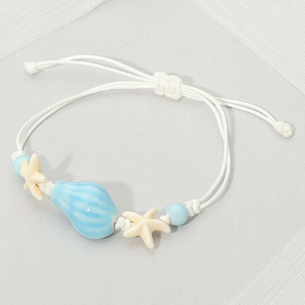 Madeline Love Blue Ceramic Conch Shell Starfish Beaded Adjustable Cinch Pull Tie Bracelet - Bracelets