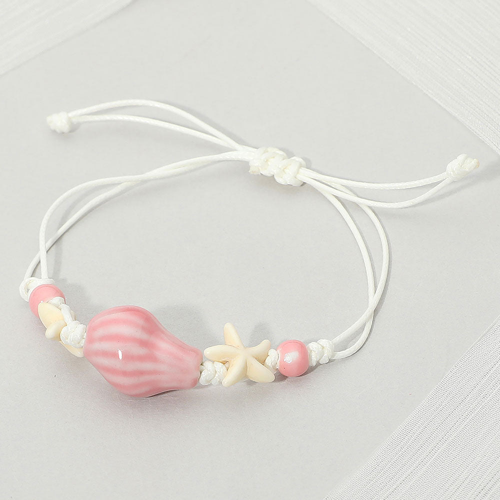 Madeline Love Pink Ceramic Conch Shell Starfish Beaded Adjustable Cinch Pull Tie Bracelet - Bracelets