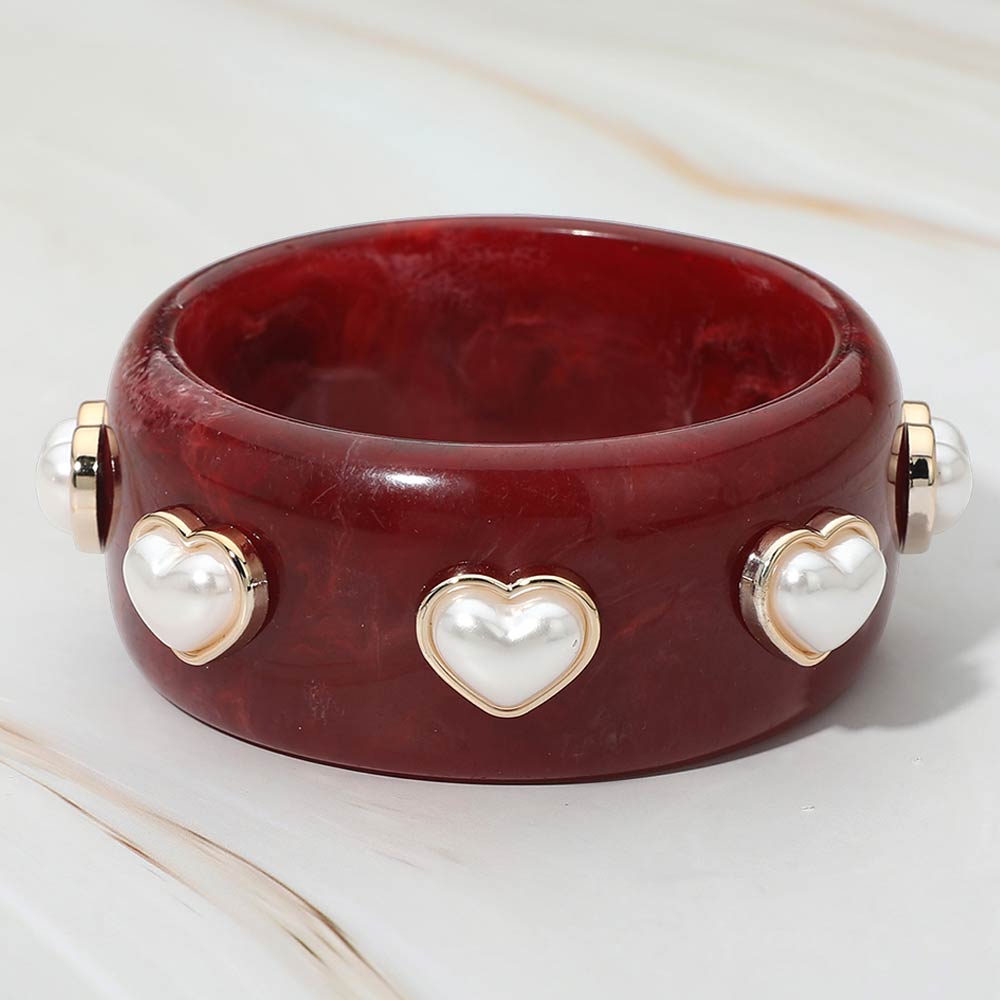 Madeline Love Burgundy Pearl Heart Cluster Accent Wide Marbled Resin Bangle Bracelet - Bracelets