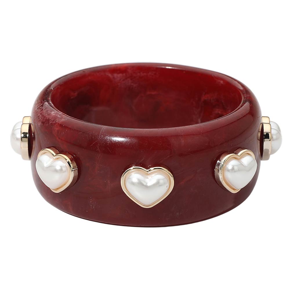 Madeline Love Burgundy Pearl Heart Cluster Accent Wide Marbled Resin Bangle Bracelet - Bracelets - desc