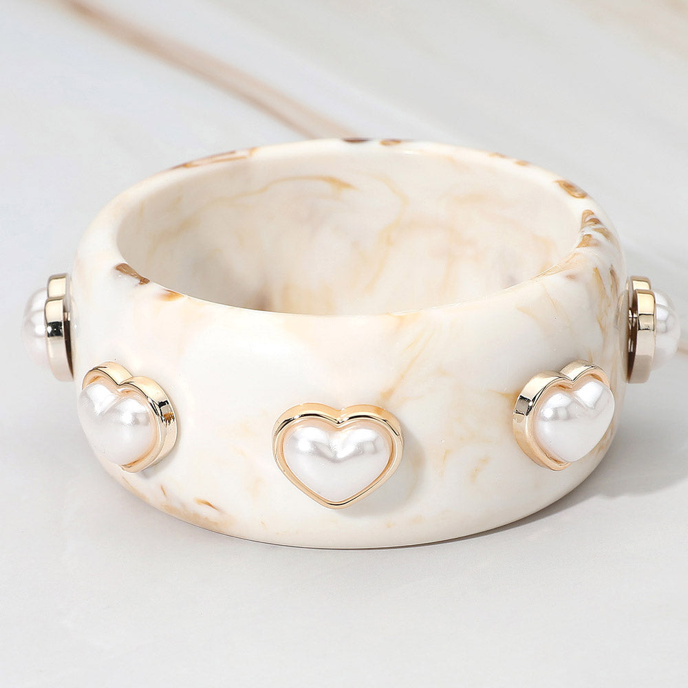Madeline Love Ivory Pearl Heart Cluster Accent Wide Marbled Bangle Bracelet - Bracelets