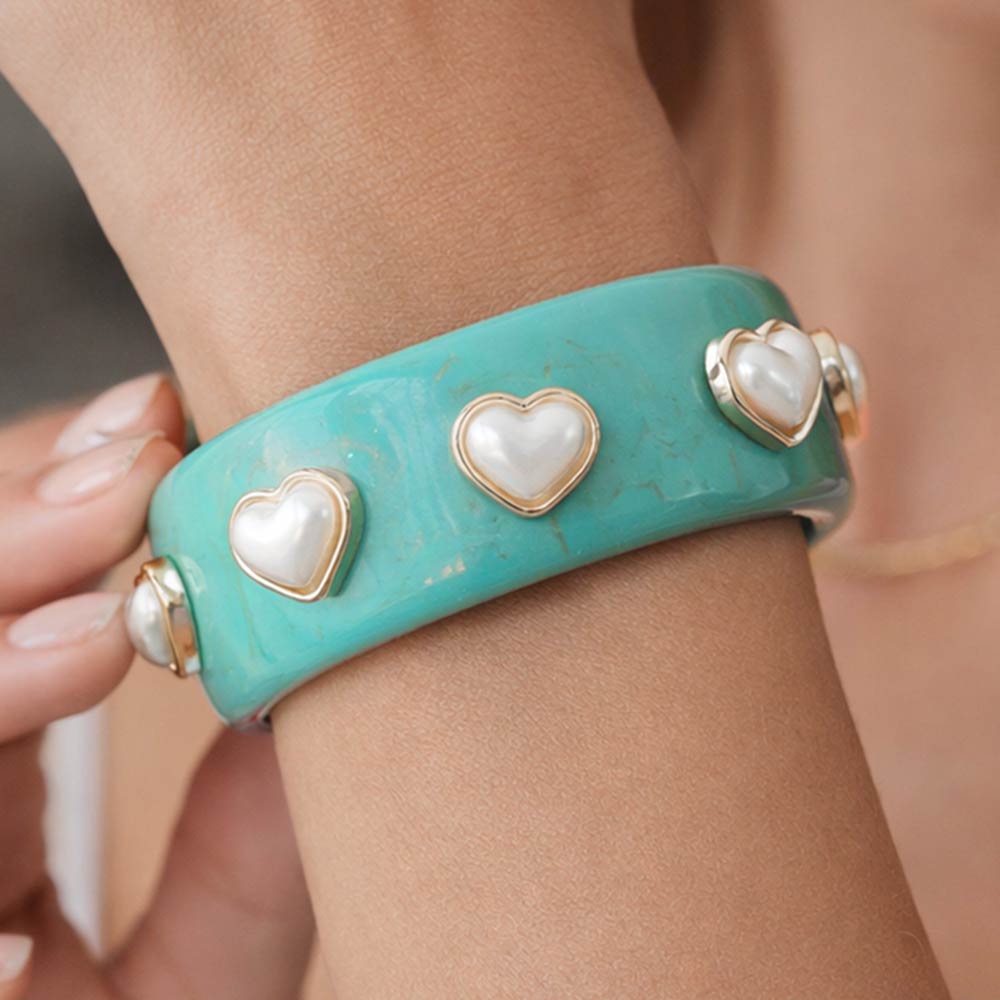 Madeline Love Turquoise Pearl Heart Cluster Accent Wide Marbled Resin Bangle Bracelet - Bracelets