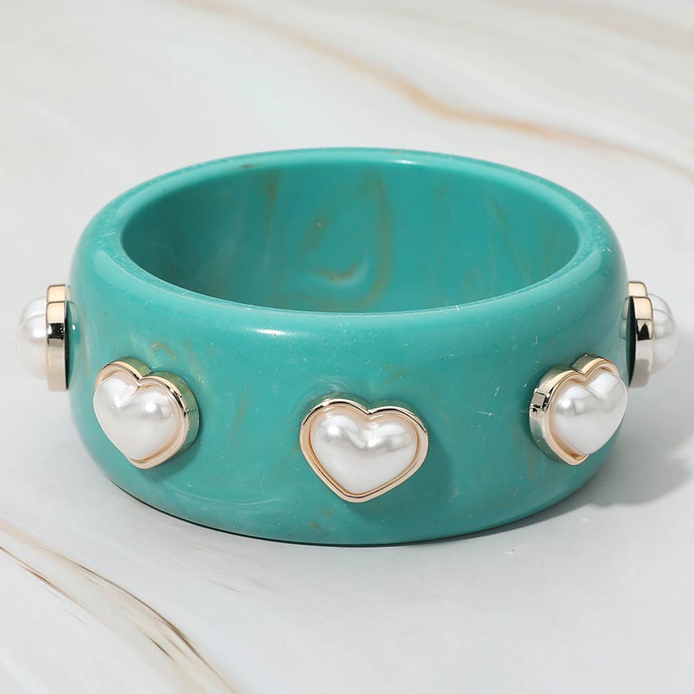 Madeline Love Turquoise Pearl Heart Cluster Accent Wide Marbled Resin Bangle Bracelet - Bracelets - desc