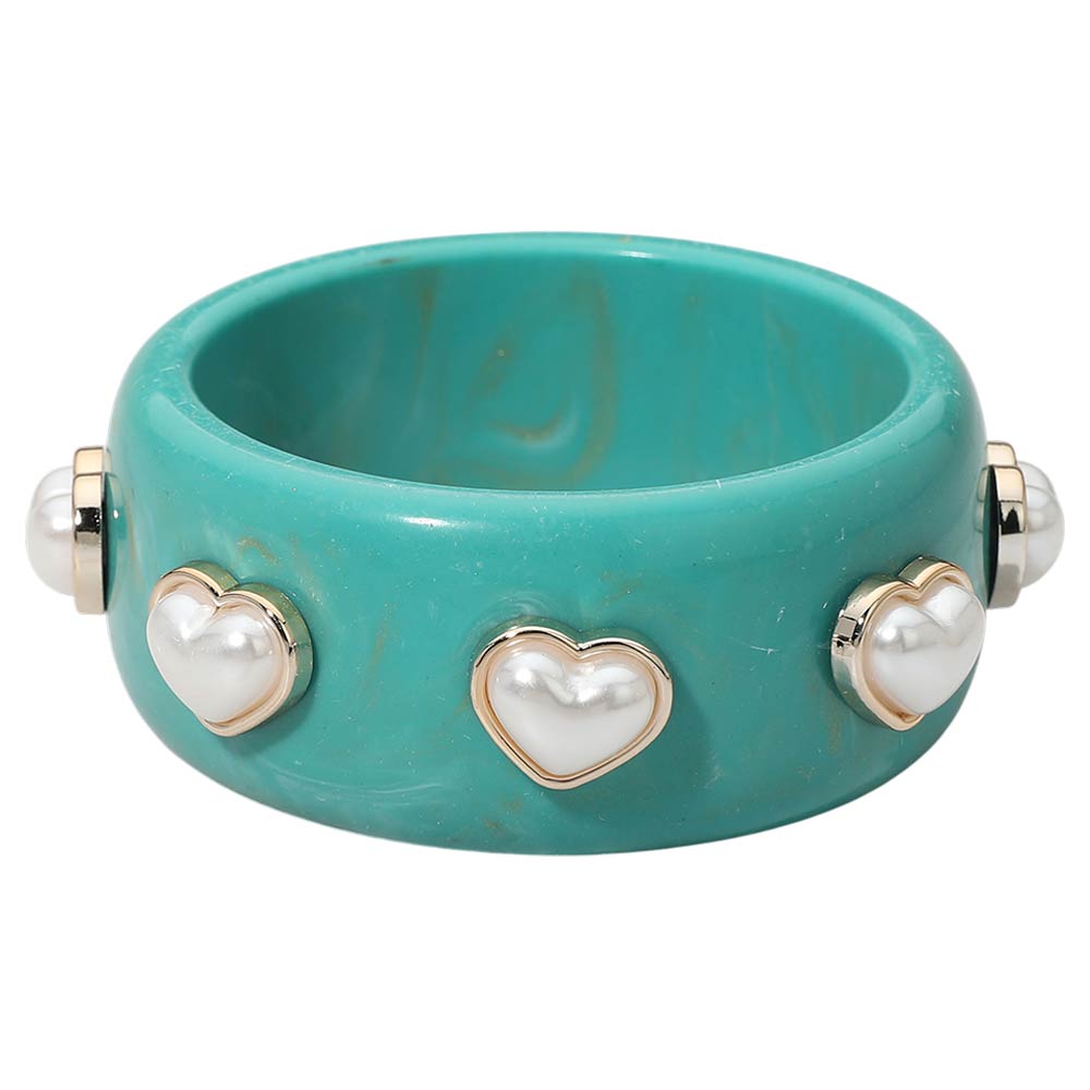 Madeline Love Turquoise Pearl Heart Cluster Accent Wide Marbled Resin Bangle Bracelet - Bracelets - extra