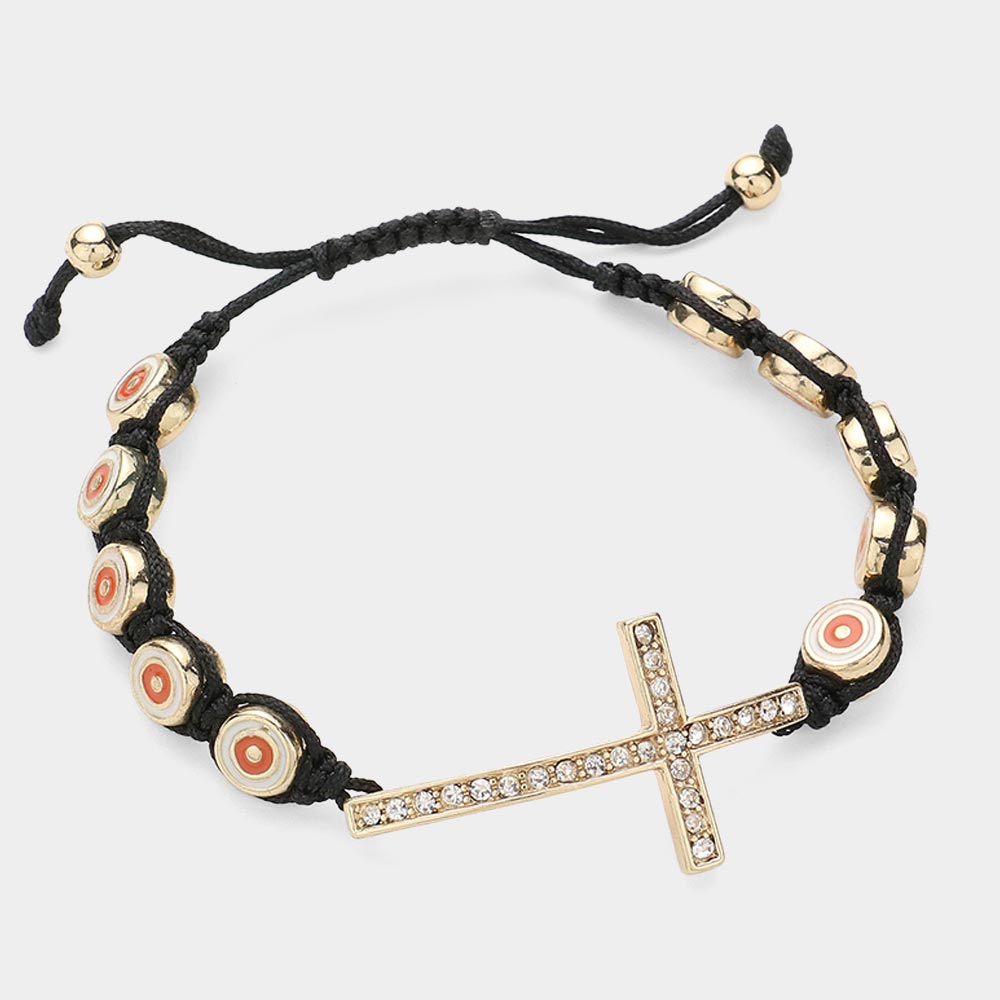 Madeline Love Gold, Orange Rhinestone Paved Cross Pointed Cinch Pull Tie Bracelet - Bracelets