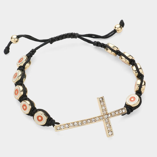 Madeline Love Gold, Orange Rhinestone Paved Cross Pointed Cinch Pull Tie Bracelet - Bracelets
