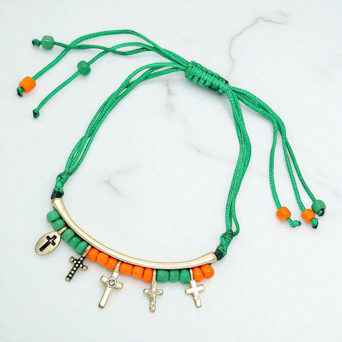 Madeline Love AB, Green, Orange Stone Paved Cross Charm Beaded Thread Adjustable Cinch Pull Tie Bracelet - Bracelets