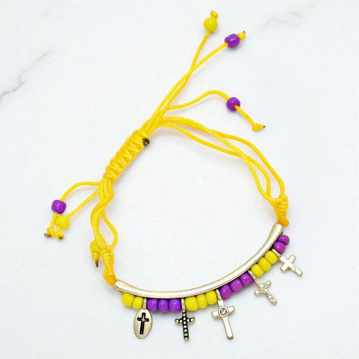 Madeline Love AB, Yellow Stone Paved Cross Charm Beaded Thread Adjustable Cinch Pull Tie Bracelet - Bracelets