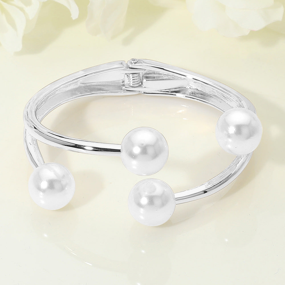 Madeline Love Silver, White Pearl Tip Hinged Bangle Bracelet - Bracelets