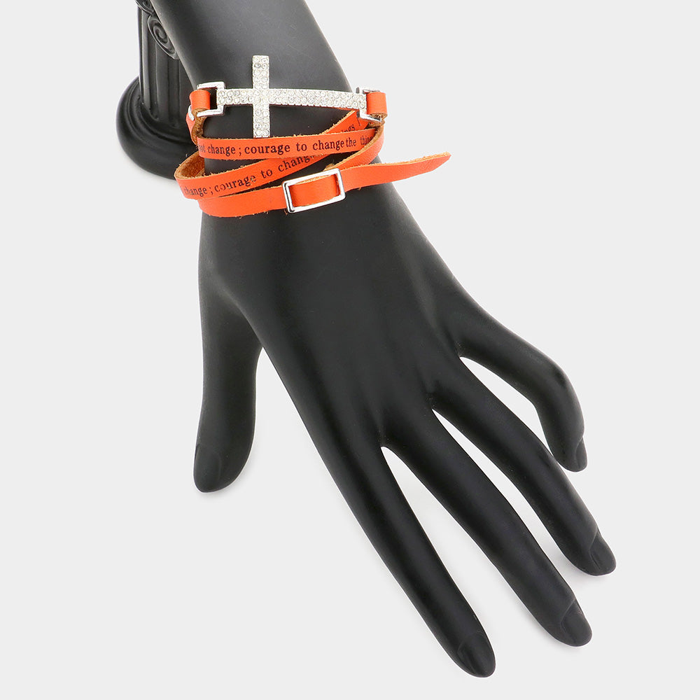 Madeline Love Orange Cross Accented Message Faux Leather Band Wrap Bracelet - Bracelets