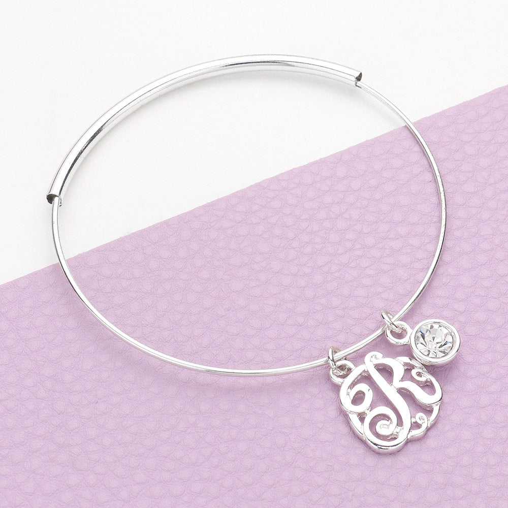 Madeline Love Silver -R- Initial Monogram Bangle Bracelet - Bracelets