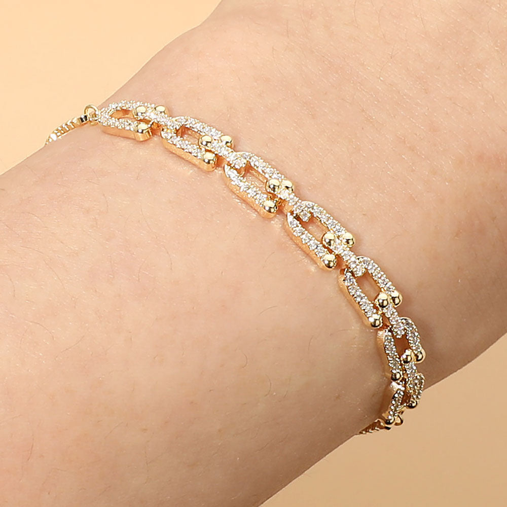Madeline Love Clear, Gold 18K Gold Dipped Stone Pave Link Adjustable Cinch Pull Tie Bracelet