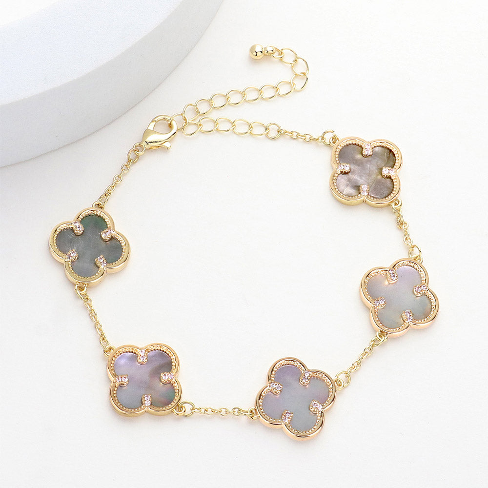 Madeline Love Gold, Gray Brass Metal Mother Of Pearl Quatrefoil Station Bracelet - Bracelets