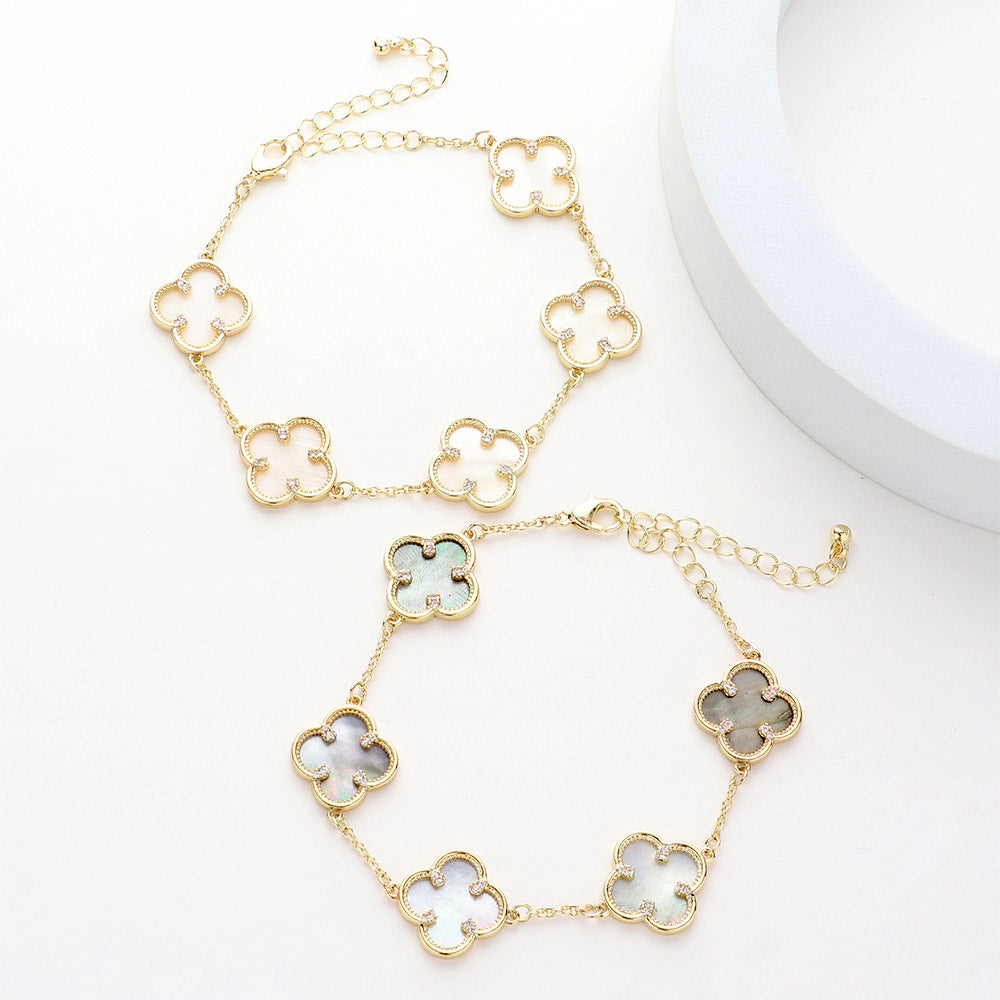 Madeline Love Gold, Gray Brass Metal Mother Of Pearl Quatrefoil Station Bracelet - Bracelets - desc