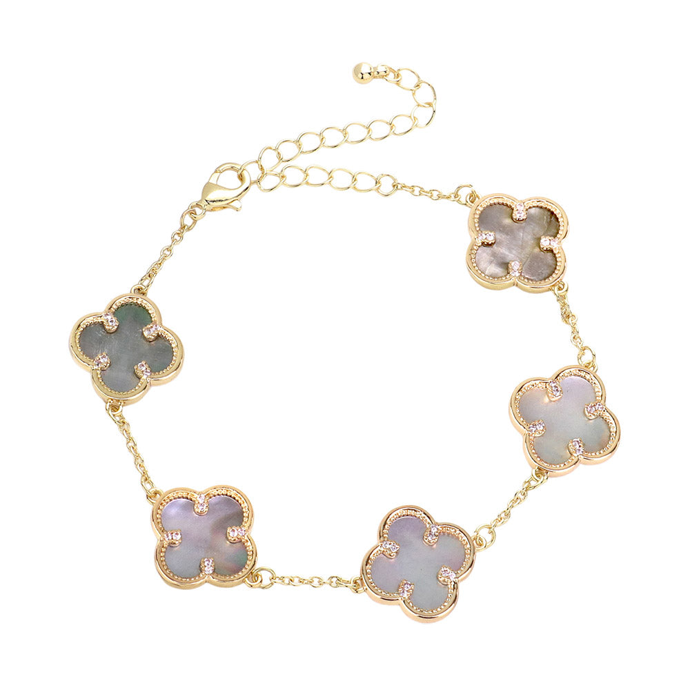 Madeline Love Gold, Gray Brass Metal Mother Of Pearl Quatrefoil Station Bracelet - Bracelets - extra