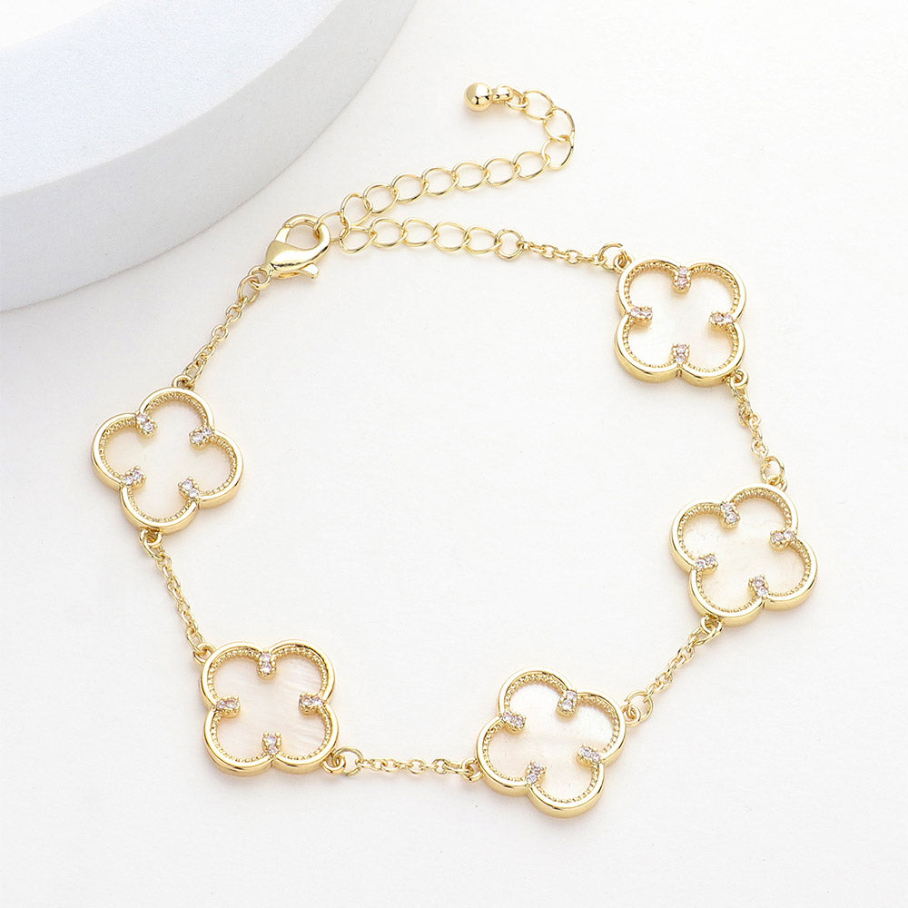 Madeline Love Gold, White Brass Metal Mother Of Pearl Quatrefoil Station Bracelet - Bracelets