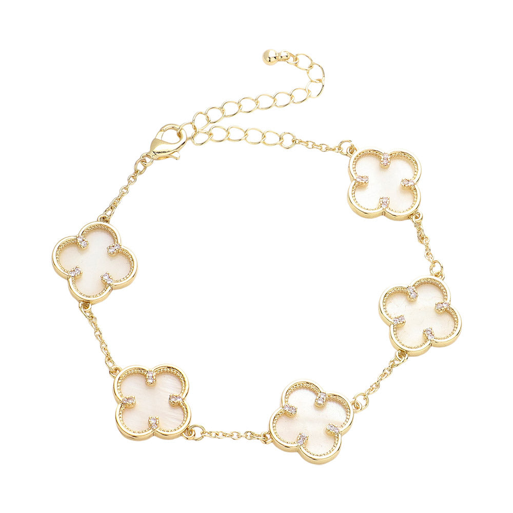 Madeline Love Gold, White Brass Metal Mother Of Pearl Quatrefoil Station Bracelet - Bracelets - extra