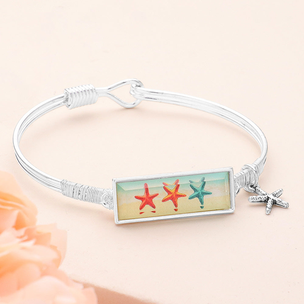Silver Starfish Print Metal Charm Message Hook Bracelet