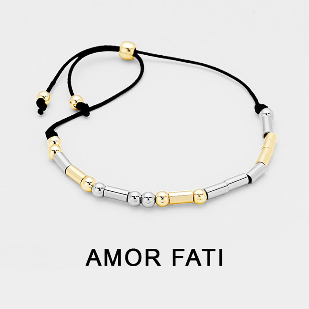 Madeline Love Black, Two Tone AMOR FATI Message Morse Code Adjustable Cinch Pull Tie Bracelet - Bracelets