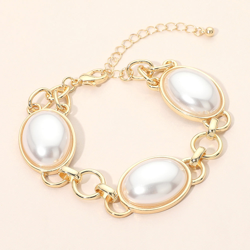 Madeline Love Cream, Gold Oval Pearl Cabochon Link Bracelet