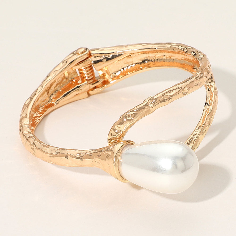 Madeline Love Cream, Gold Pearl Accent Hammered Metal Hinged Bangle Bracelet - Bracelets