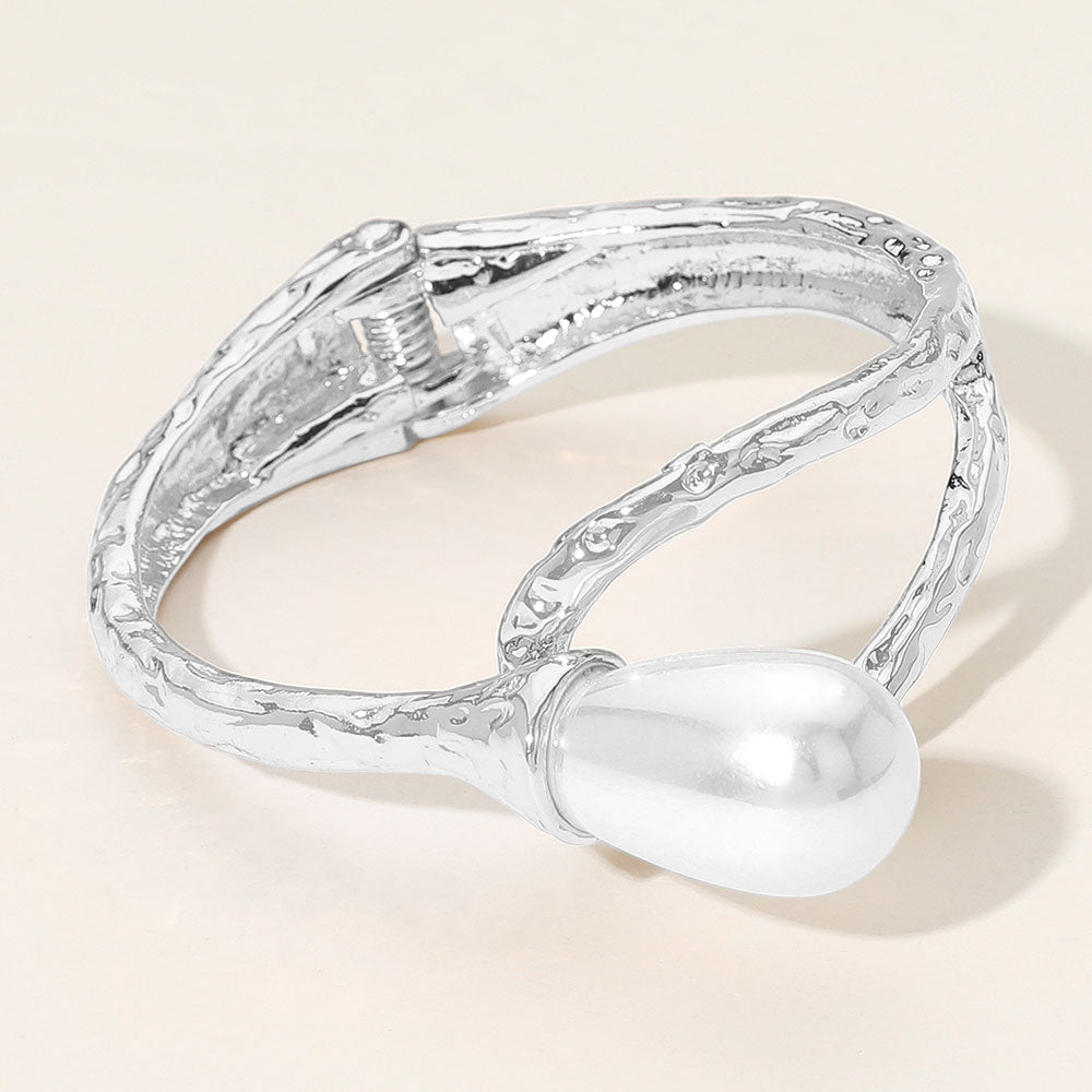 Madeline Love Rhodium, White Pearl Accent Hammered Metal Hinged Bangle Bracelet - Bracelets