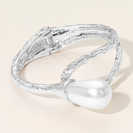 Madeline Love Rhodium, White Pearl Accent Hammered Metal Hinged Bangle Bracelet - Bracelets