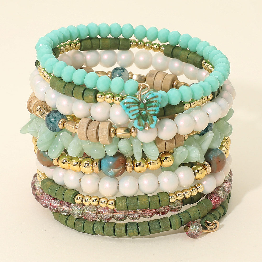 Madeline Love Gold, Turquoise Bold Various Beads Stacked Adjustable Beaded Coil Bracelet - Bracelets