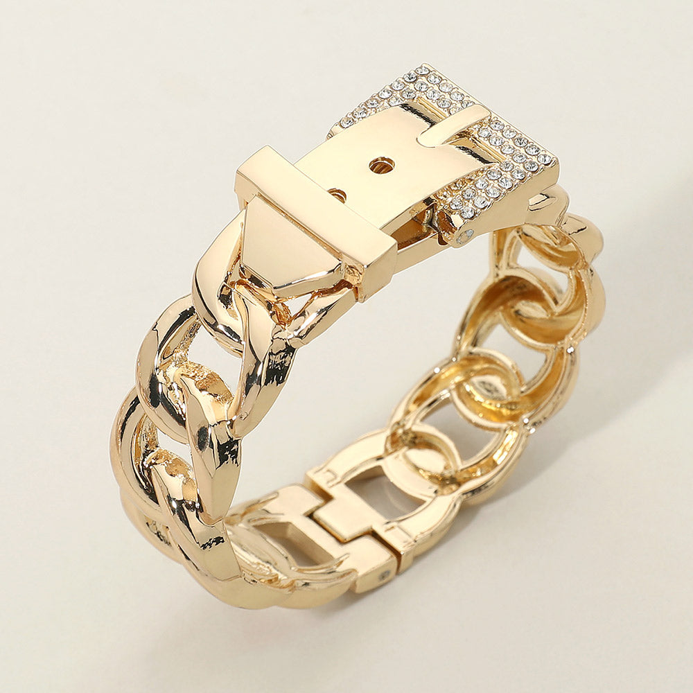 Madeline Love Gold Rhinestone Pave Buckle Accent Chunky Chain Hinged Bangle Bracelet
