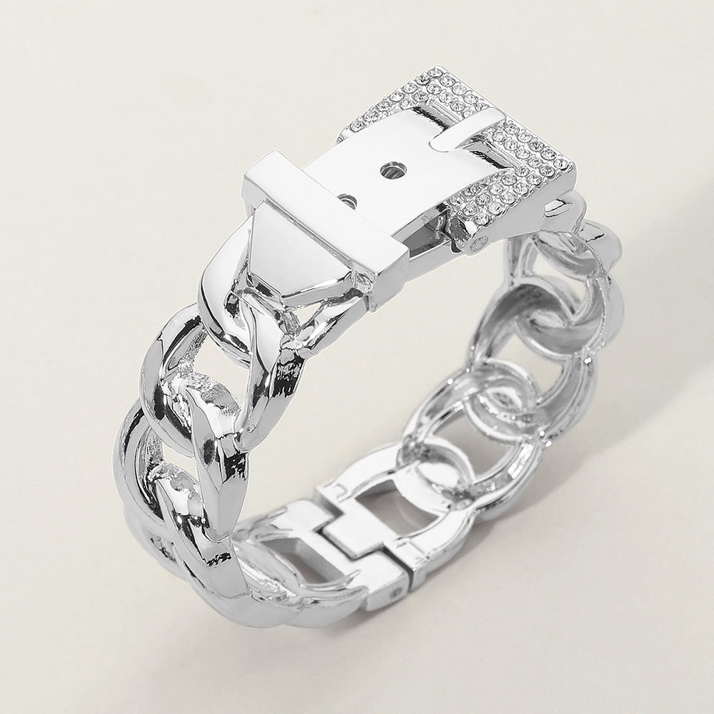 Madeline Love Rhodium Rhinestone Pave Buckle Accent Chunky Chain Hinged Bangle Bracelet