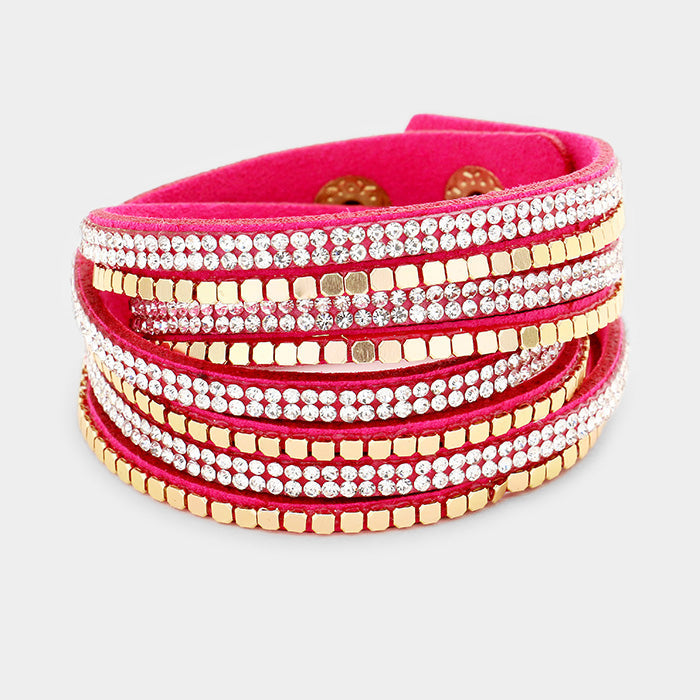 Madeline Love Fuchsia, Clear Crystal & metal studded faux suede bracelet - Bracelets