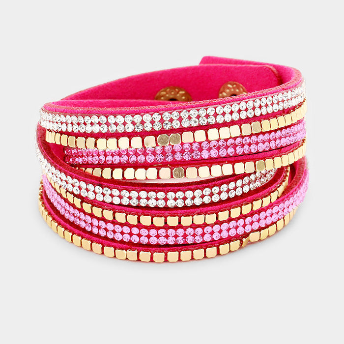 Madeline Love Fuchsia, Clear, Pink Crystal & metal studded faux suede bracelet - Bracelets