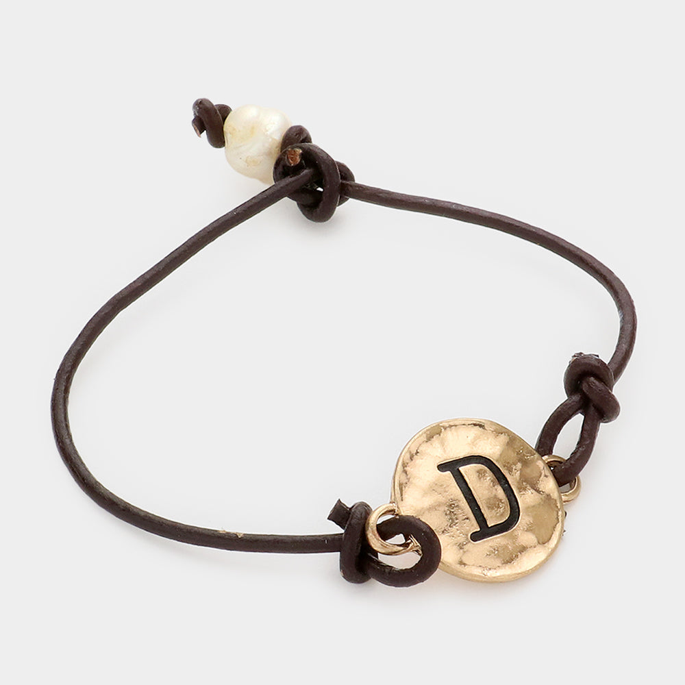 Madeline Love Brown, Gold -D- Initial Monogram Metal Disc Pearl Pointed Bracelet - Bracelets