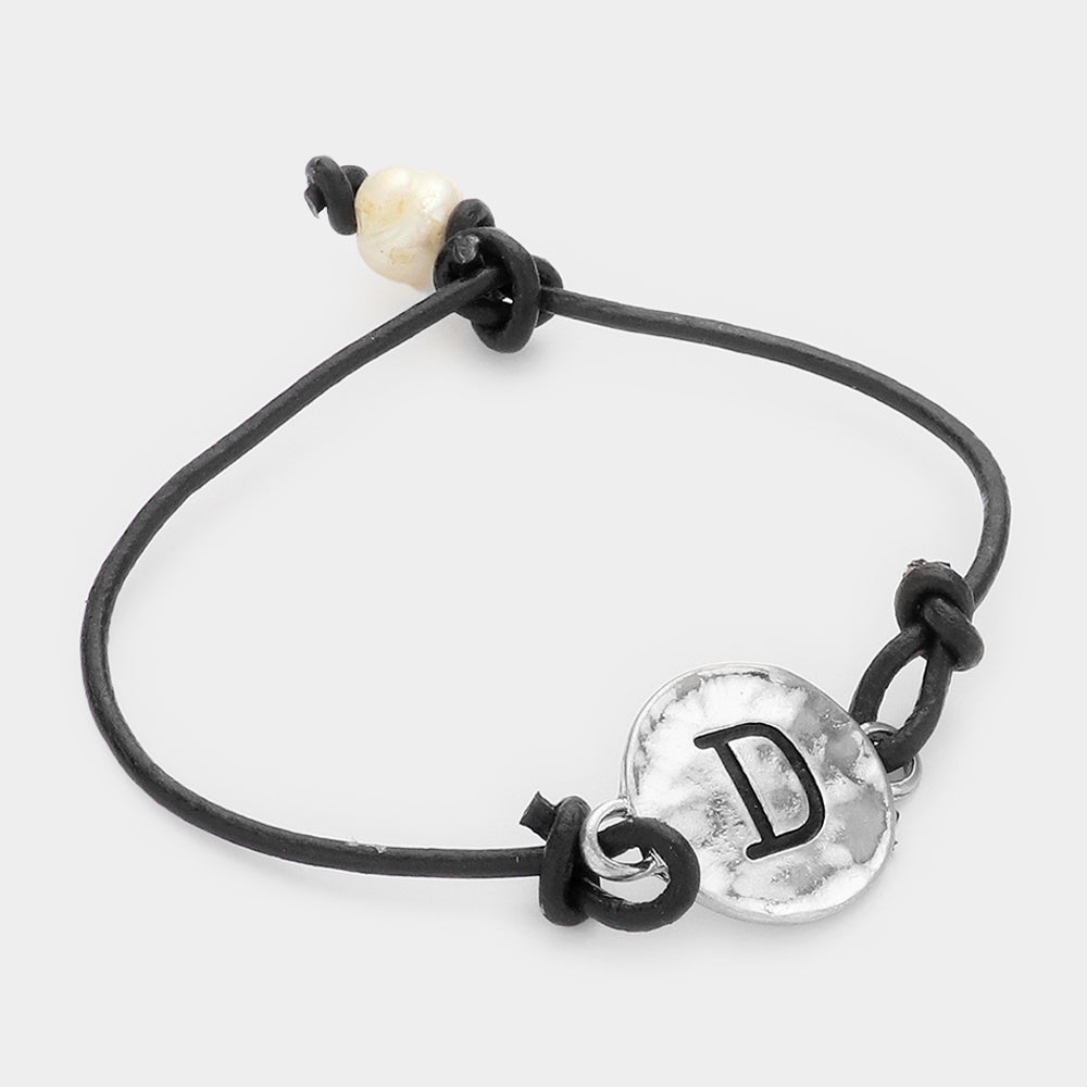 Madeline Love ~D~, Black, Silver -D- Initial Monogram Metal Disc Pearl Pointed Bracelet - Bracelets
