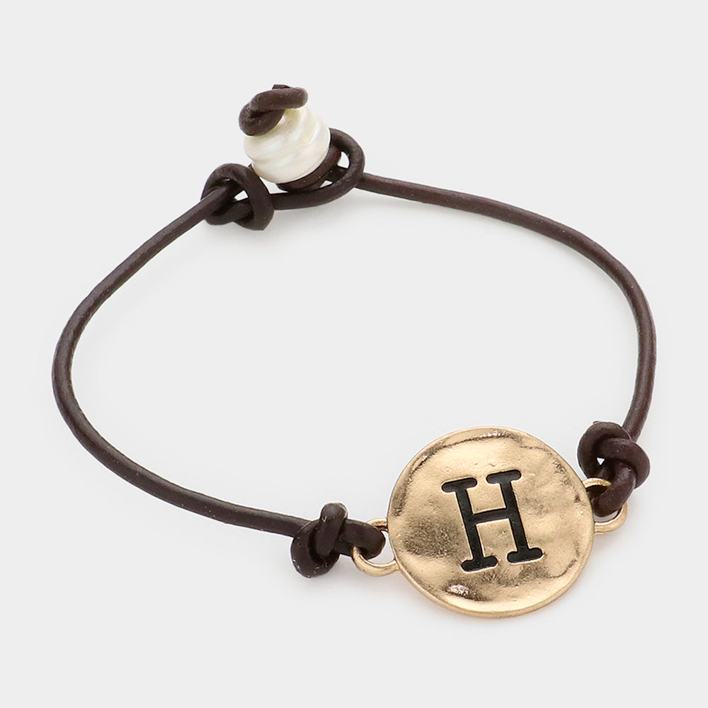 Madeline Love ~H~, Black, Gold -H- Initial Monogram Metal Disc Pearl Pointed Bracelet - Bracelets