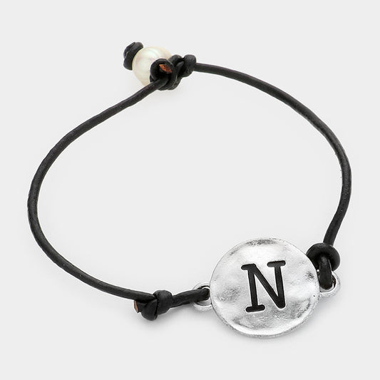 Madeline Love ~N~, Black, Silver -N- Initial Monogram Metal Disc Pearl Pointed Bracelet - Bracelets