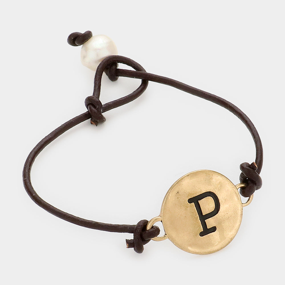 Madeline Love ~P~, Black, Gold -P- Initial Monogram Metal Disc Pearl Pointed Bracelet - Bracelets