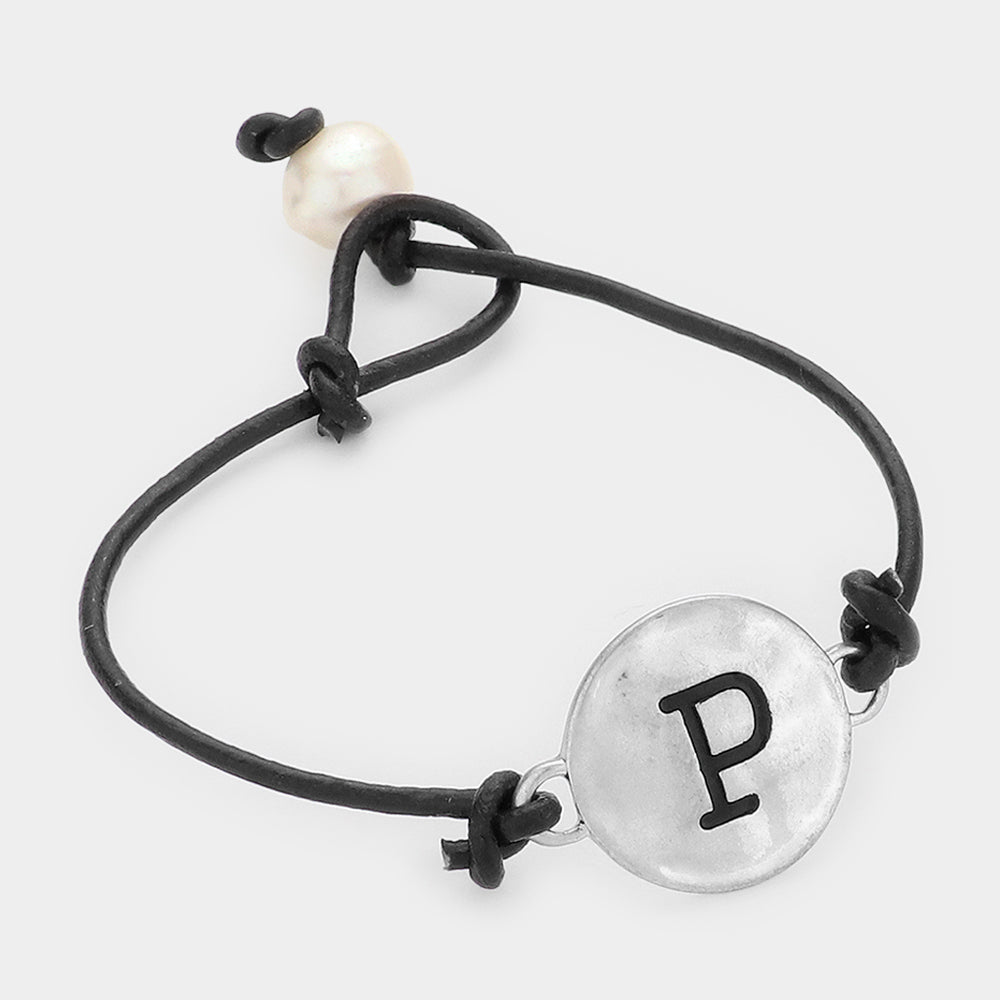 Madeline Love ~P~, Black, Silver -P- Initial Monogram Metal Disc Pearl Pointed Bracelet - Bracelets