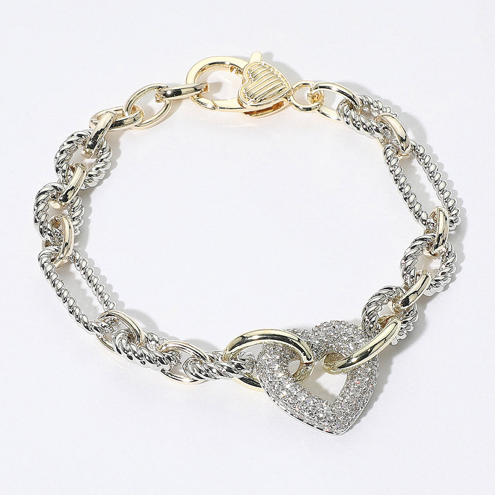 Madeline Love Two Tone 14K Gold Plated CZ Stone Paved Heart Link Two Tone Chain Bracelet