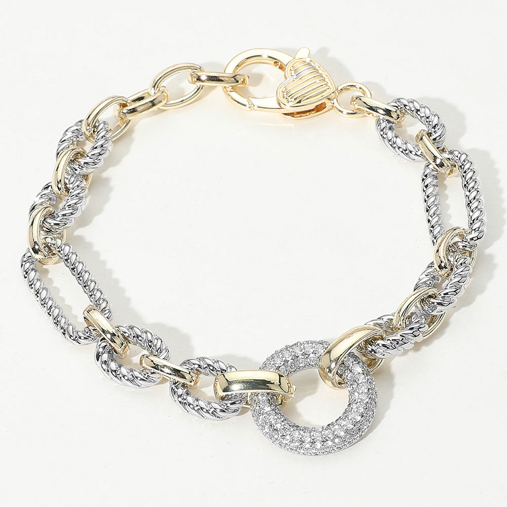 Madeline Love Two Tone 14K Gold Plated CZ Stone Paved Ring Link Two Tone Bracelet