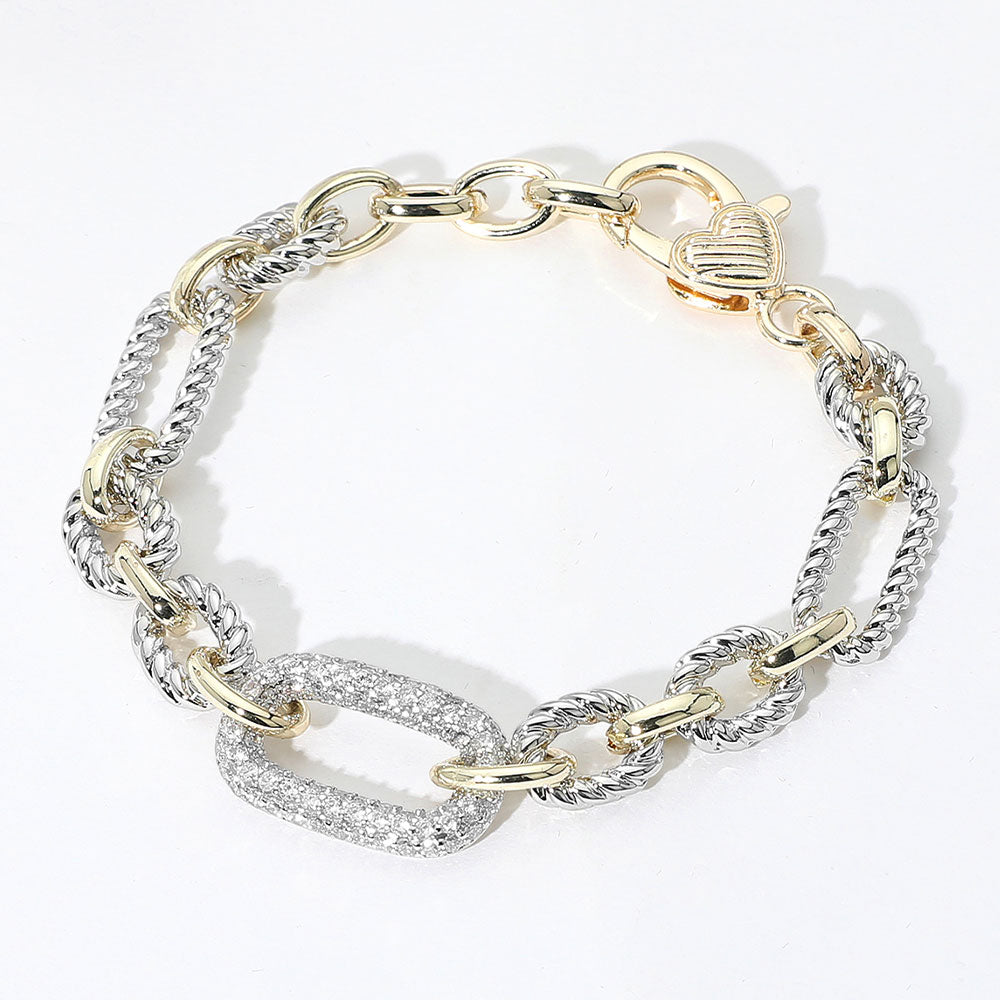 Madeline Love Two Tone 14K Gold Plated CZ Stone Paved Oval Link Bracelet
